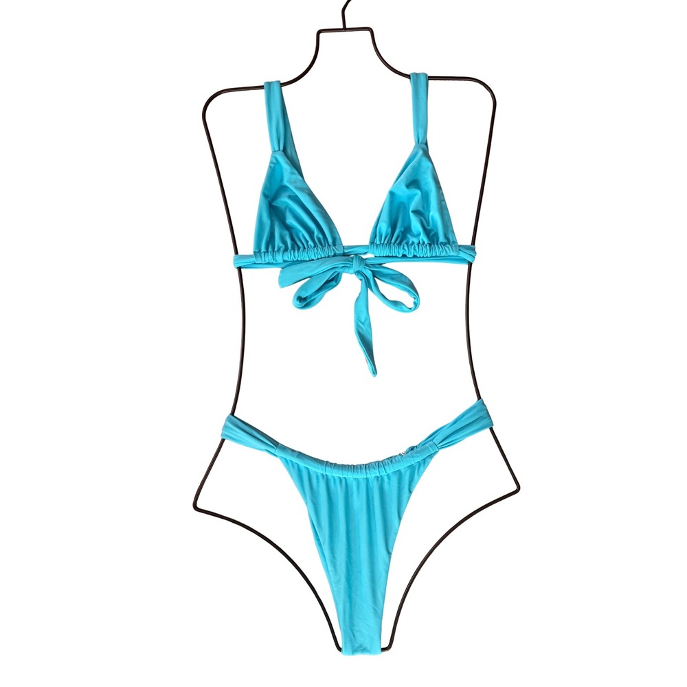 Faithfull The Brand Turquoise Blue Triangle Tie Front Bikini Set EUC $240 S